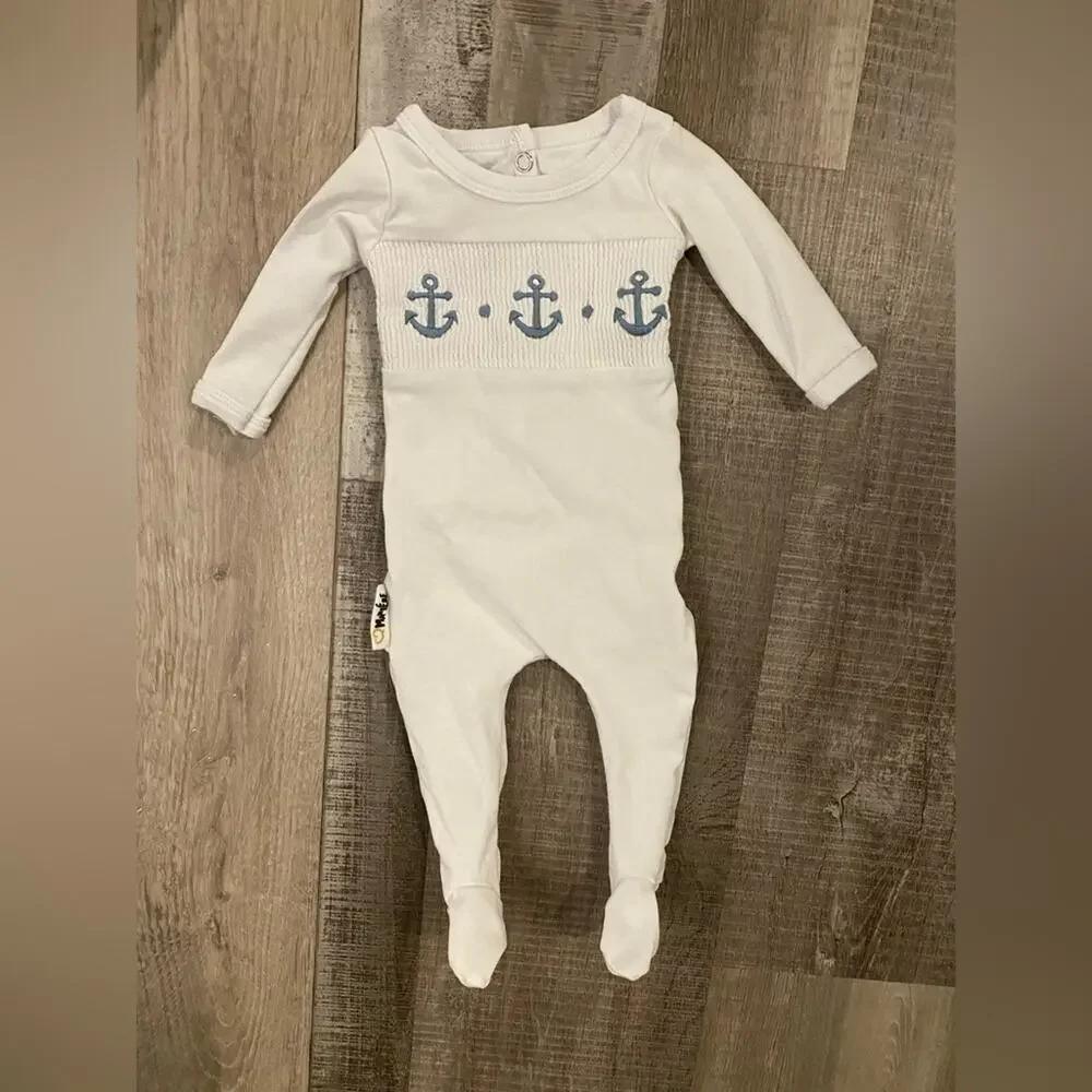 Maniere Child Smocked Anchor Footie 1M White Infant Sailor One Piece EUC